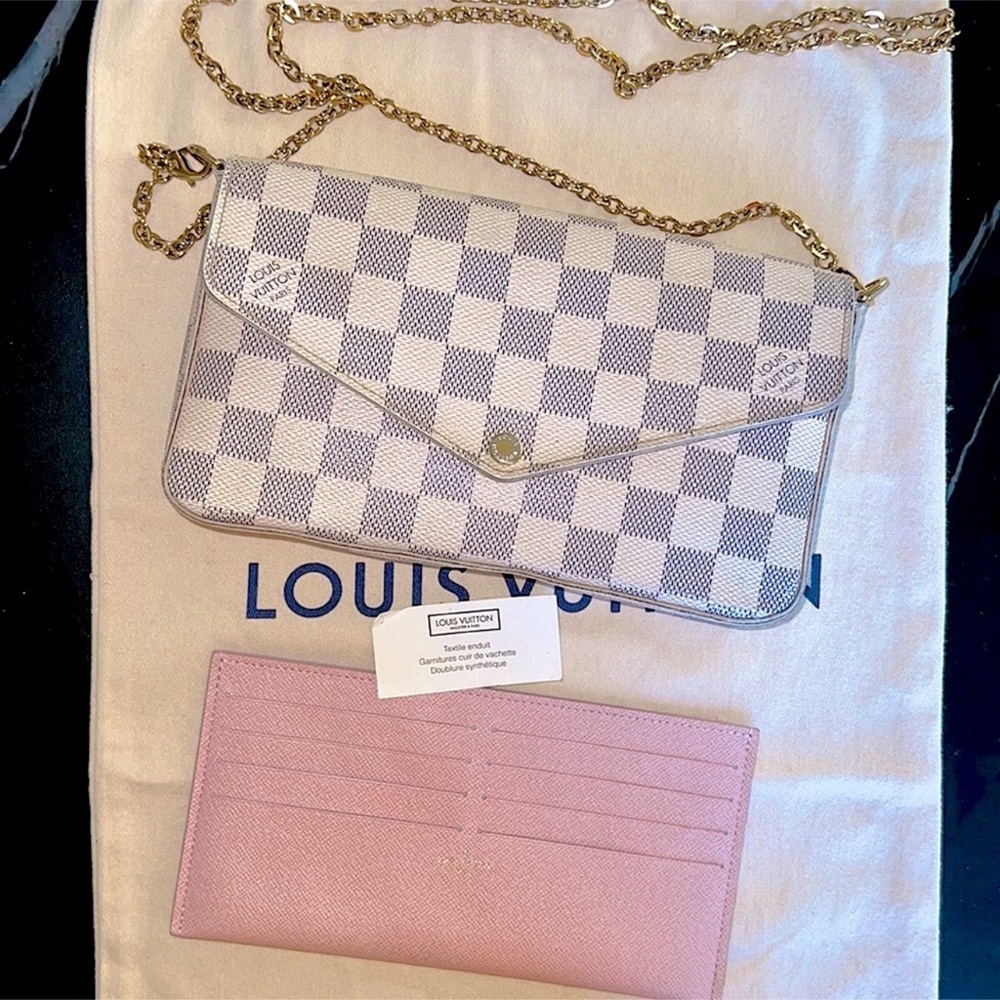 COPY - Louis Vuitton Pochette Felicie Damier Azur Rose Pink Chain Wallet Bag Cr…